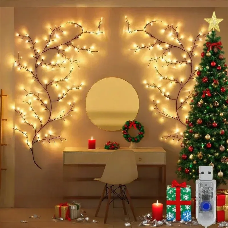 Christmas LED Tree Branch Wall Lamp USB Powered 72/96/144 Willow Vine Light Strip with 8 Modes for Xmas Home Bedroom Decor