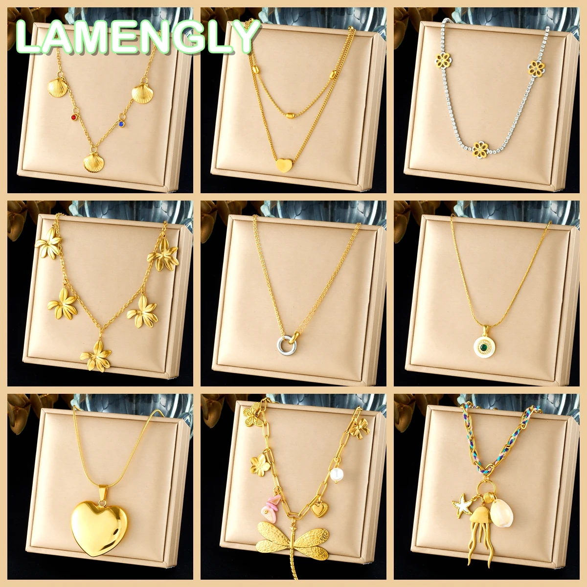 LAMENGLY 316L StainlessSteel Women Heart Dragonfly Flower Geometric Charm Gold Necklace Fashion Jewelry for Girl Free Gift Party
