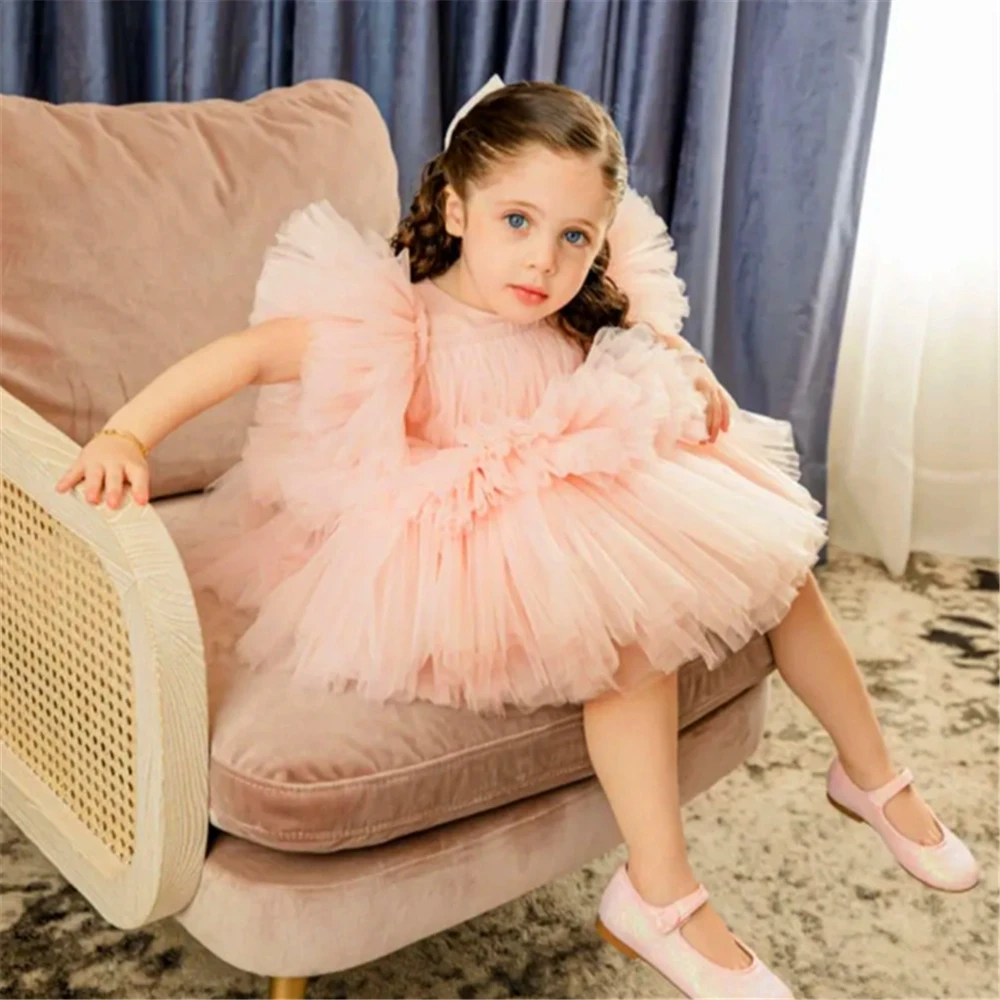 Flower Girl Dress Lovely Pink Angel Tulle Lace Layered Princess Ball First Communion Dresses Kids Surprise Birthday Present