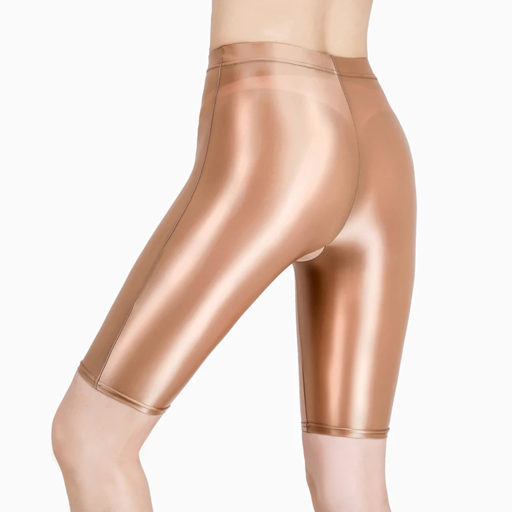 Mallas elásticas suaves y brillantes para mujer, pantalones cortos sexys, con entrepierna alta elástica, transparentes, húmedas, sólidos