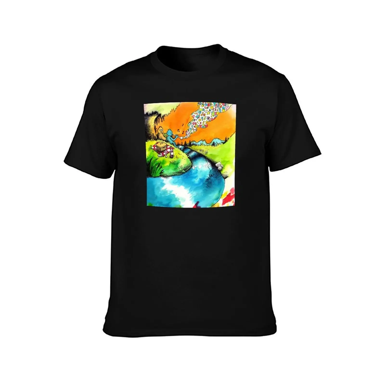 By A Stream T-Shirt, Summer Casual Cotton Tee, Oversized Streetwear Tops, Vintage Graphic Print, Loose Fit Short Sleeve