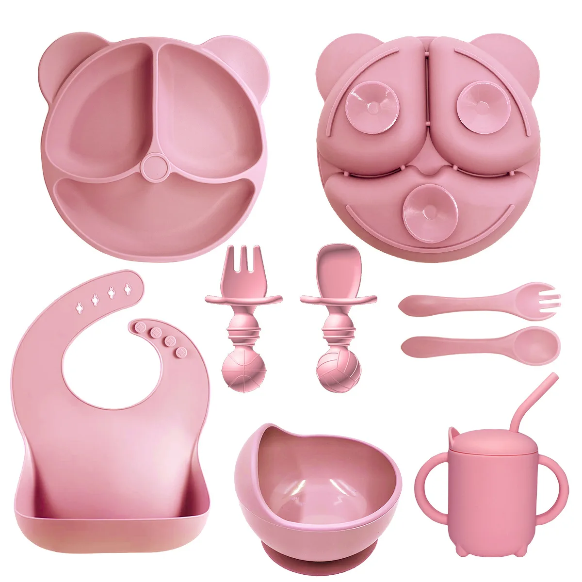 

8PCS Baby Soft Silicone Bib Dish Suction Cup Bowl Dinner Plate Fork Spoon Set Non-slip Food-grade Silicone Kids Cutlery BPA Free