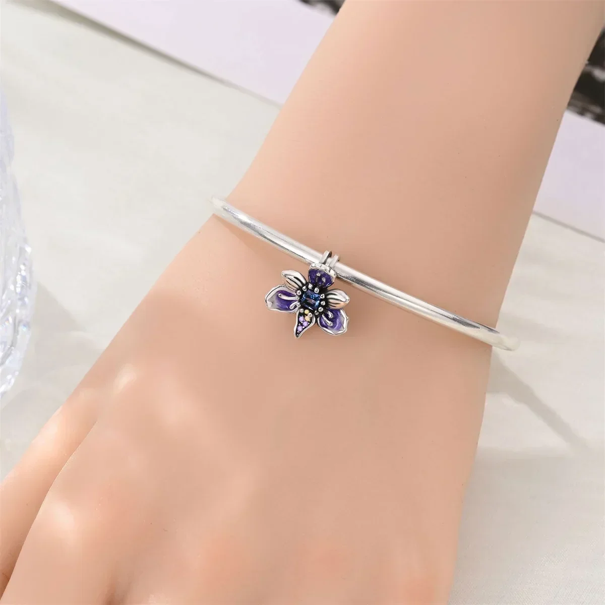 جديد 925 فضة بانسي الأرجواني الأزرق زهرة سحر البرسيم القرط حبة زهر ماغنوليا قلادة أساور يدوية مجوهرات