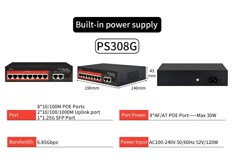 Cloud Management 4/6/8/16 Port POE switch L2 48v Active IEEE 802.3 AF/AT for Industrial IP Camera CCTV RJ45 Console Port VLAN