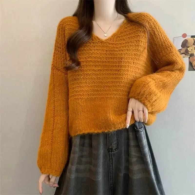 

Короткий свитер, женский осенне-зимний свитер с v-образным вырезом, ленивый топ с длинными рукавами и тыквой