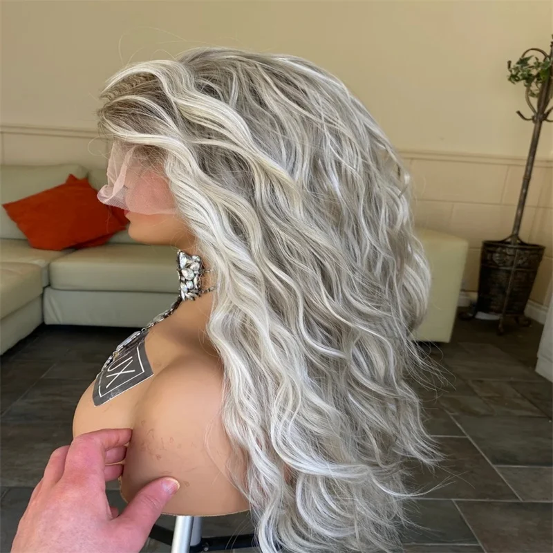 13x4 parrucca frontale in pizzo biondo cenere capelli umani onda del corpo parrucca in pizzo prepizzicato grigio cenere 13x6 HD chiusura in pizzo trasparente parrucca Glueless