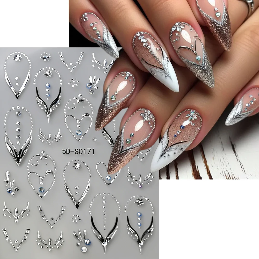 1pcs Luxury Silver Gems Heart Nail Stickers 5D Embossed Rhinestone V-Shaped French Line Nail Decals DIY Manicure Sliders Decor