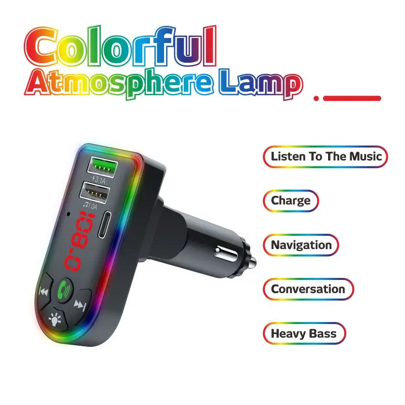 Car Bluetooth Player MP3 Dual USB Fast Charger FM Transmitter Audio Receiver for 12-24V Vehicle Phone Computer Ambient Light GPS