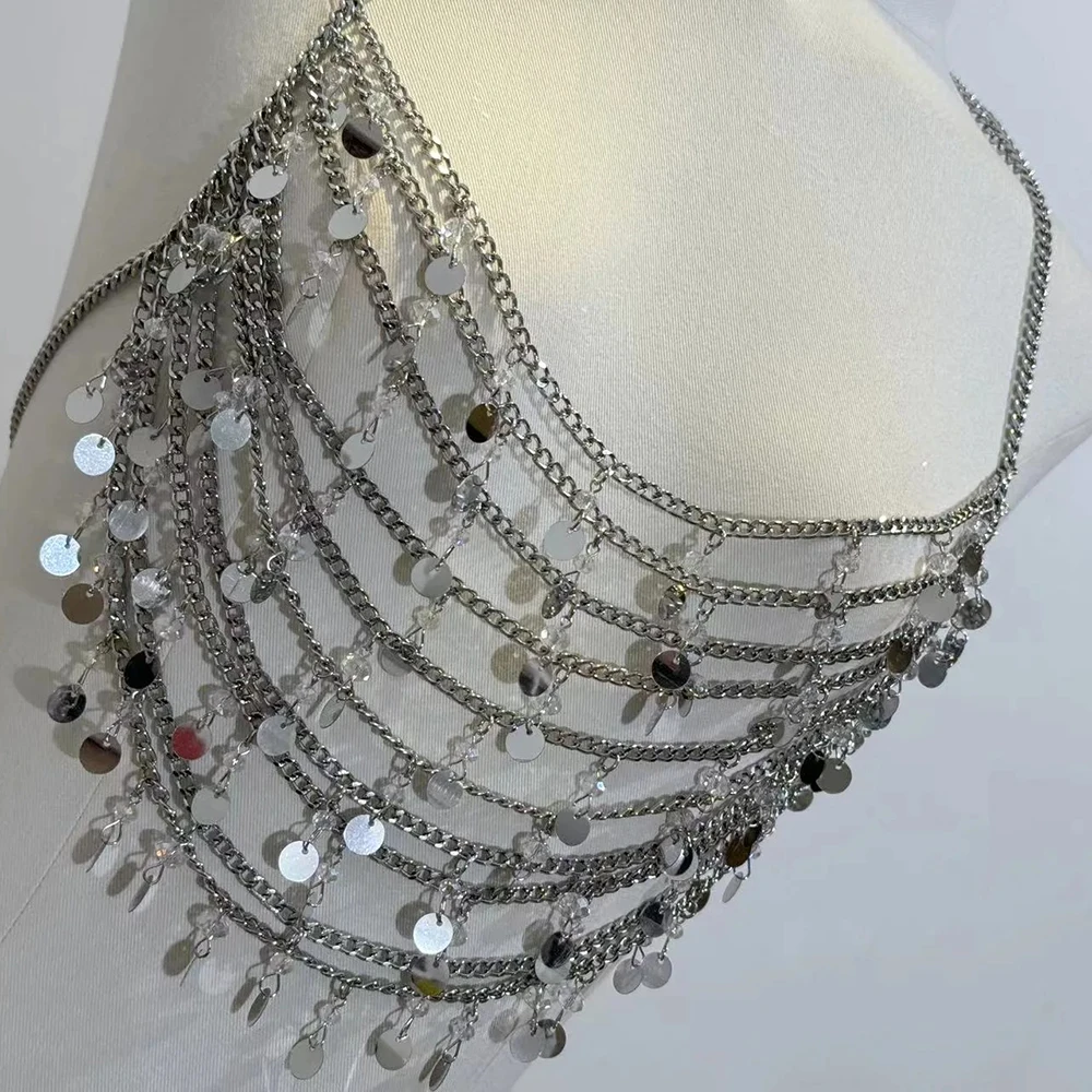 Handmade Sexy Lingerie Performance Costume Heavy Duty Bra Wrap Bra Chain Sequins Body Chain Hollowed Out Chest Jewelry
