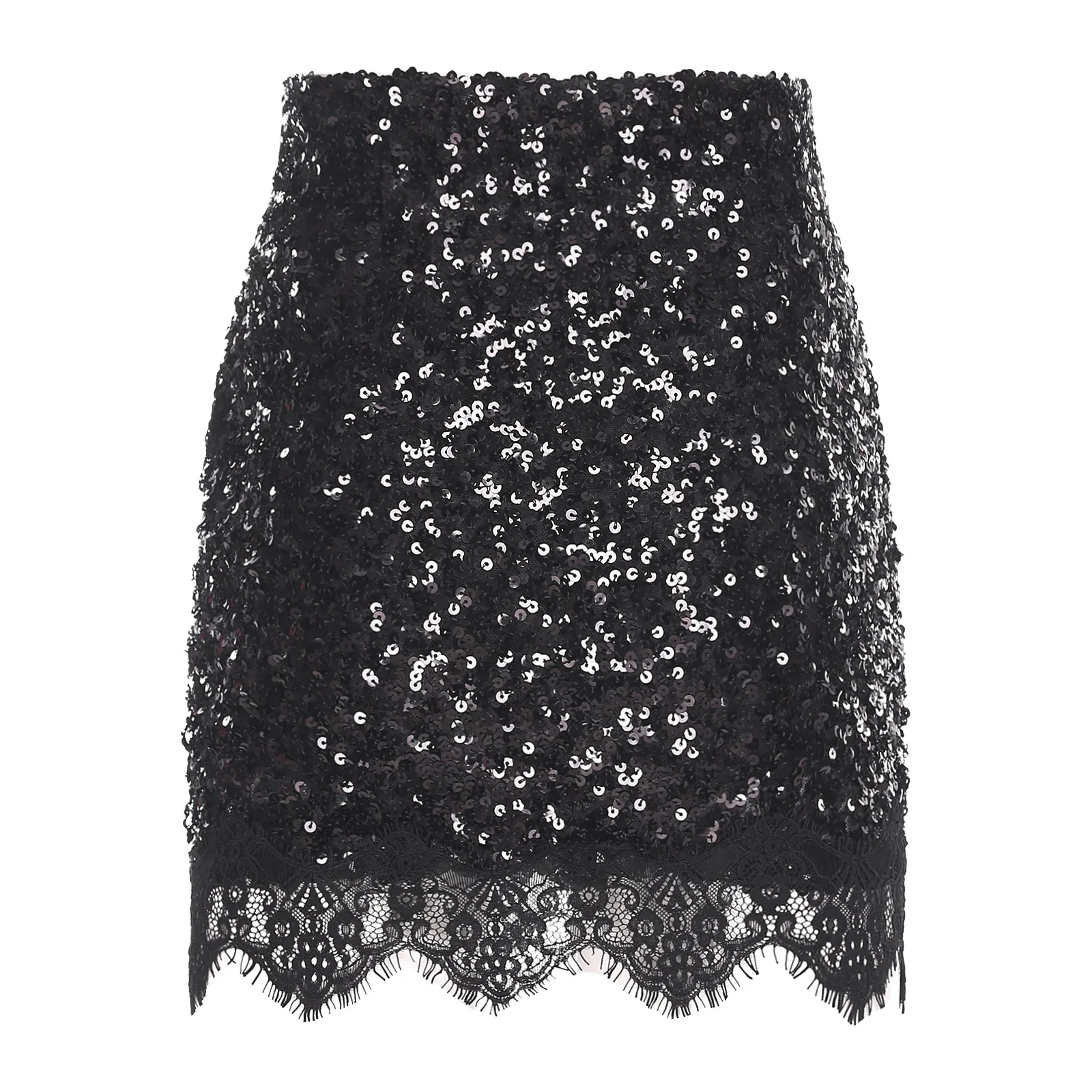 Femmes fête paillettes Mini jupes discothèque Costume paillettes scintillantes jupe moulante Bar Clubwear Femme taille haute dentelle garniture jupe
