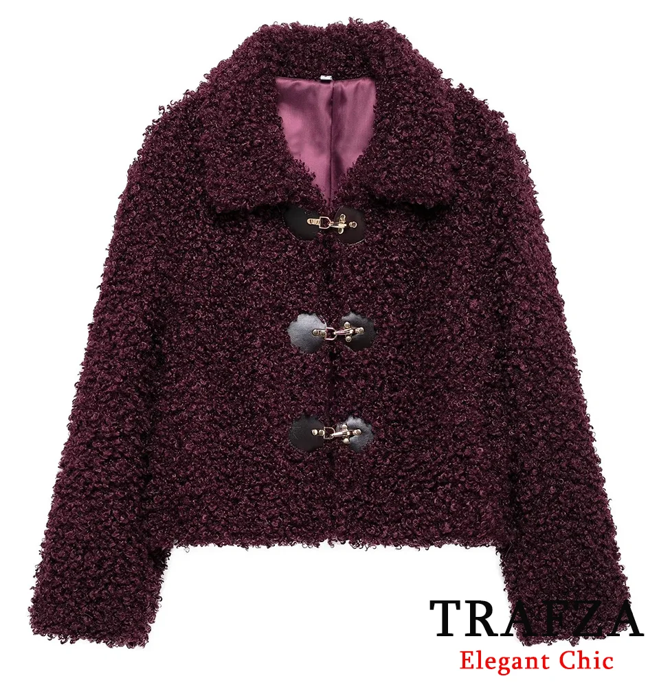 TRAFZA Women Fashion Fleece Loose Jacket Coat Shaggy String Button Lapel Jacket New 2024 Fall Winter Casual Romantic Coat