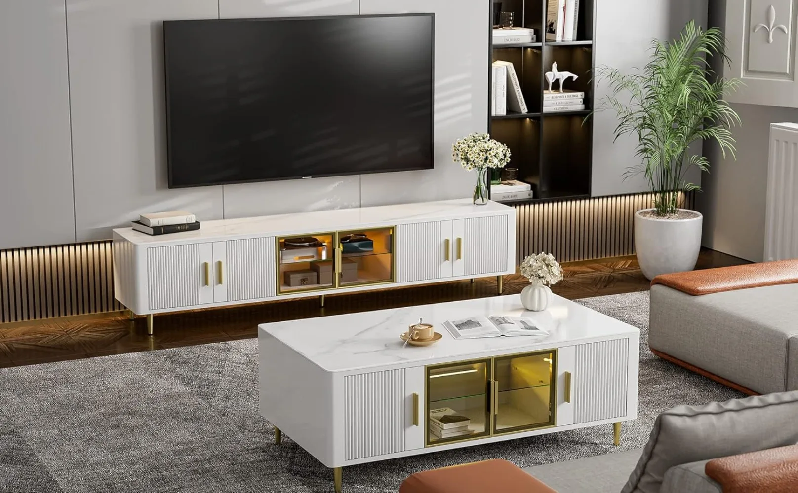 Modern TV Stand for inch TV, White LED Slate Entertainment Center with Glass Storage Cabinets and LED Lights for Living Room