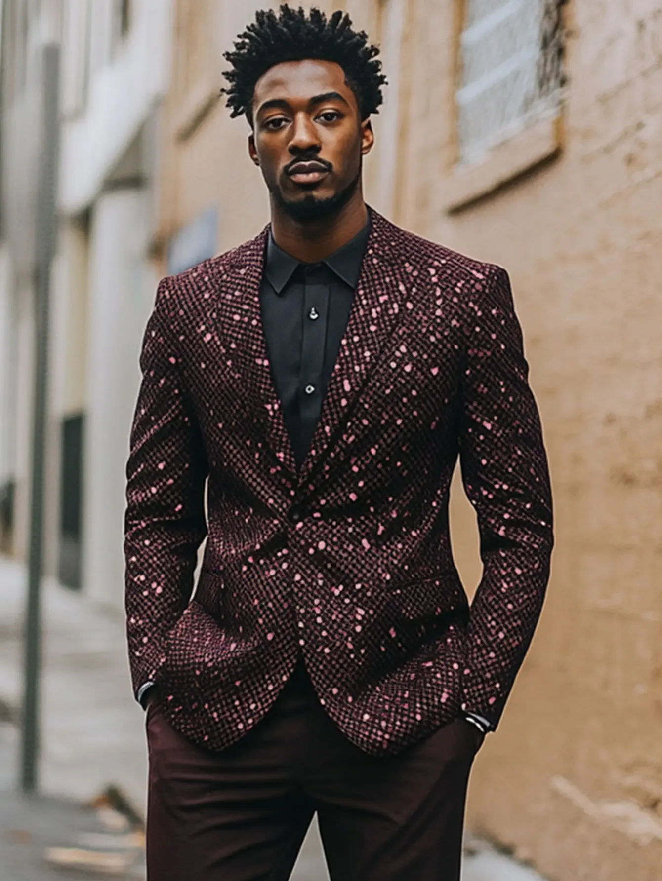 

Men's Patterned Blazer Fashion Burgundy Dot Print Suit Jacket Long Sleeve Single Breasted Slim Fit Party Prom Wedding Outerwear