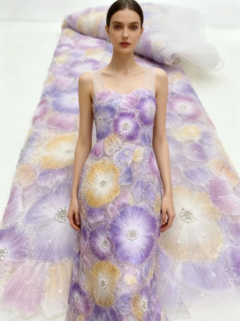 

Африканский бисер, кружевная ткань, 5 ярдов, 2025 г., высокое качество, кружево с 3d вышивкой, французские блестки и бусины, тюль, нигерийский вечерний материал, платье