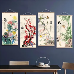 Printed Poster Nordic Canvas Wood Scroll Painting Chinese Flower Bamboo Orchid Wall Art for Gift Home Wall Hanging Room Decor