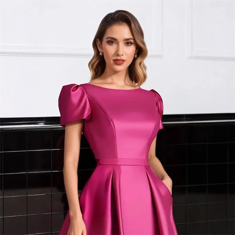 A Line Satin Short Sleeve Tea Length O Neck Bridesmaid Dresses Wedding Party Prom Birthday Evening Cocktail Zipper Back