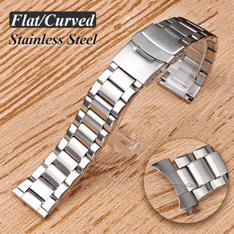 Curved End Flat Stainless Steel Watch Band Universal Strap Folding Safety Buckle for Women Bracelet Strap 22mm for Rolex Bands