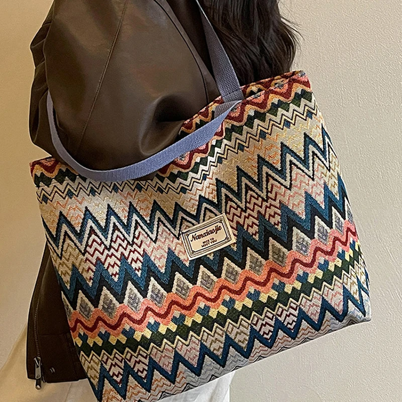 Bohemian Ethno-Stil Geometrischer Druck Canvas-Umhängetasche, Bunte Zickzack-Muster-Handtasche für Damen, Leichte Pendler-Tragetasche – Detail 12