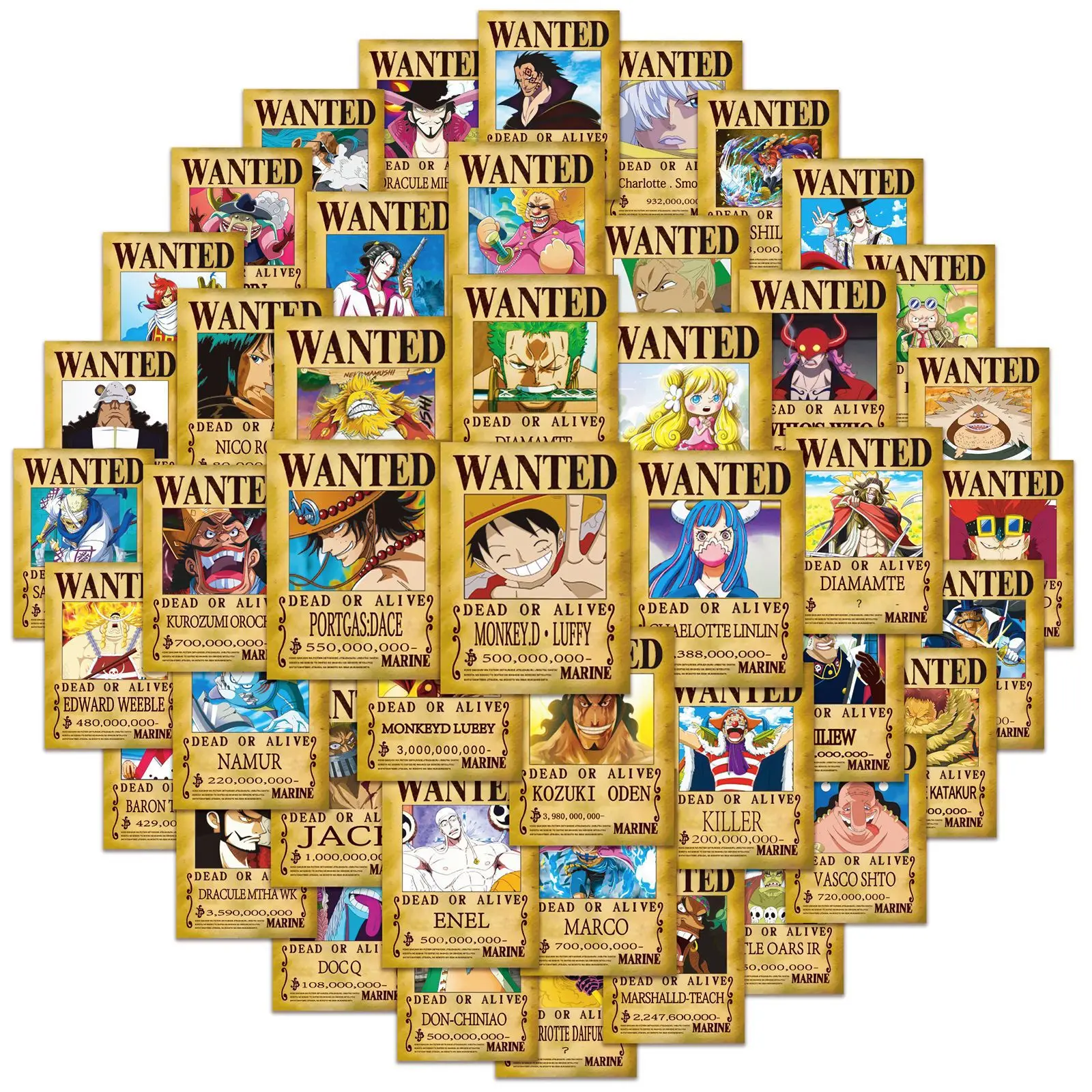 New 50Pcs Anime One Piece Wanted Poster Stickers Cute Vinyl Waterproof Pirate Manga Notebook Water Bottles LaptopSticker Toy