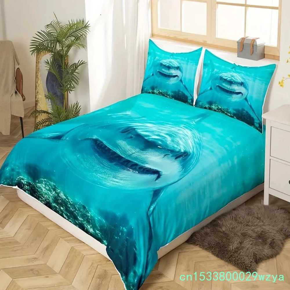 3pcs Vibrant 3D Shark Bedding Set - Soft, Ocean-Inspired Duvet Cover With Shark Fish Print, Breathable, Hypoallergenic,No Filler