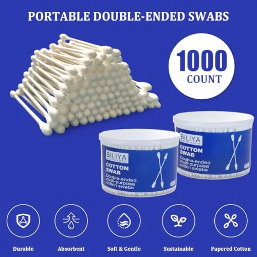 1000 Count Dual Tip Cotton Swabs with Pointed and Rounded Ends Biodegradable Paper Sticks Soft Cotton for Cleaning Makeup and E