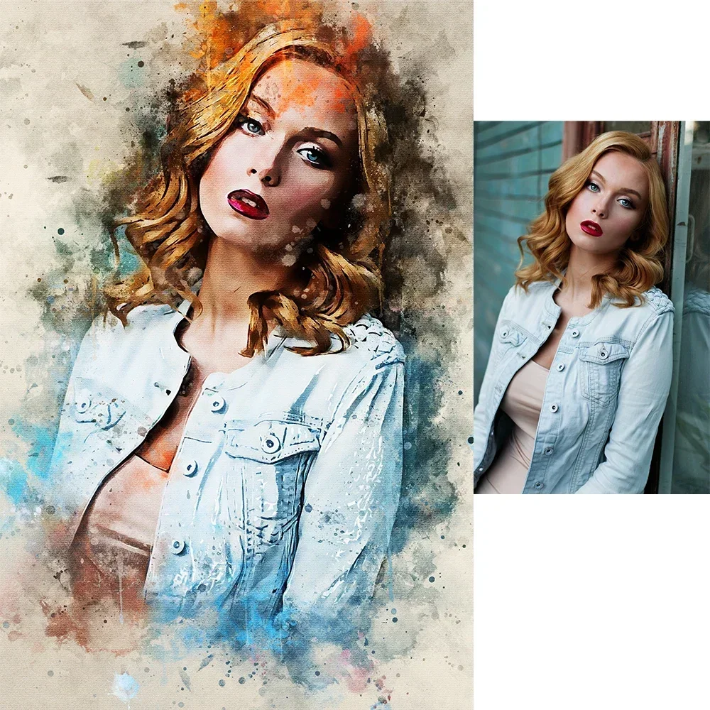 Retrato personalizado, obra de arte de acuarela contra salpicaduras, pinturas artísticas en lienzo, impresiones de carteles, imagen de pared para habitación, decoración del hogar, regalo único