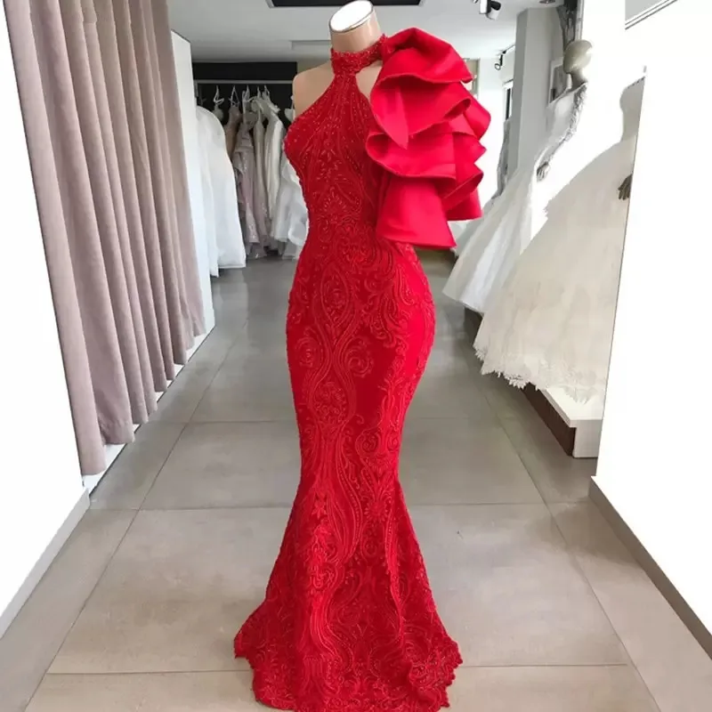 

Red Prom Dresses Mermaid Halter Floor Length Appliques Lace Dubai Arabic Long Prom Gown Evening Dress Robe De Soiree