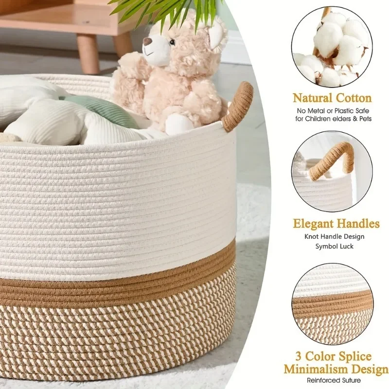 Panier de rangement tissé King-size, panier de couverture en corde de coton pour salon, panier à linge en osier domestique, panier de rangement