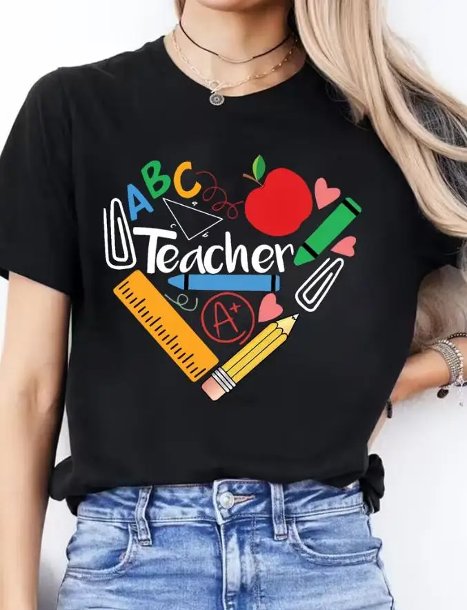 Women Teacher Heart School Supply Graphic T Shirt ABC Apple Pencil Print Round Neck Short Sleeve Casual Tee Back To School Teacher Appreciation Gift Top