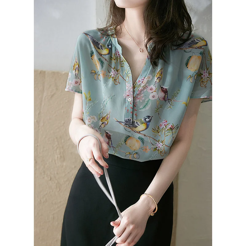 2024 Summer New Korean Elegant Fashion V-neck Fresh Printed Short Sleeve Chiffon Shirt Loose Casual All-match Blouse Blusa Mujer