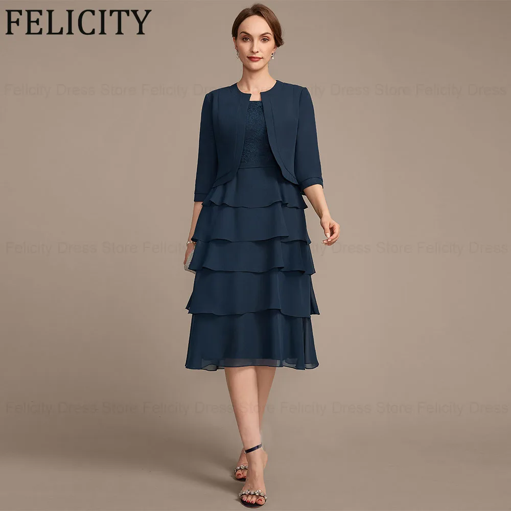 

FELICITY Dark Navy Chiffon Lace Two Piece Mother of the Bride Dress 2024 A-line Scoop Short Elegant Wedding Guest Party Dresses