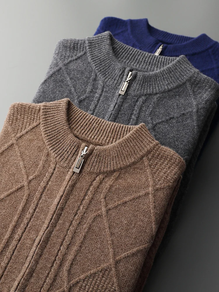 Merino 100% Wool Men's Thick Warm Autumn Winter New High-end Fashion Casual Zipper Knitted Sweater Cardigan