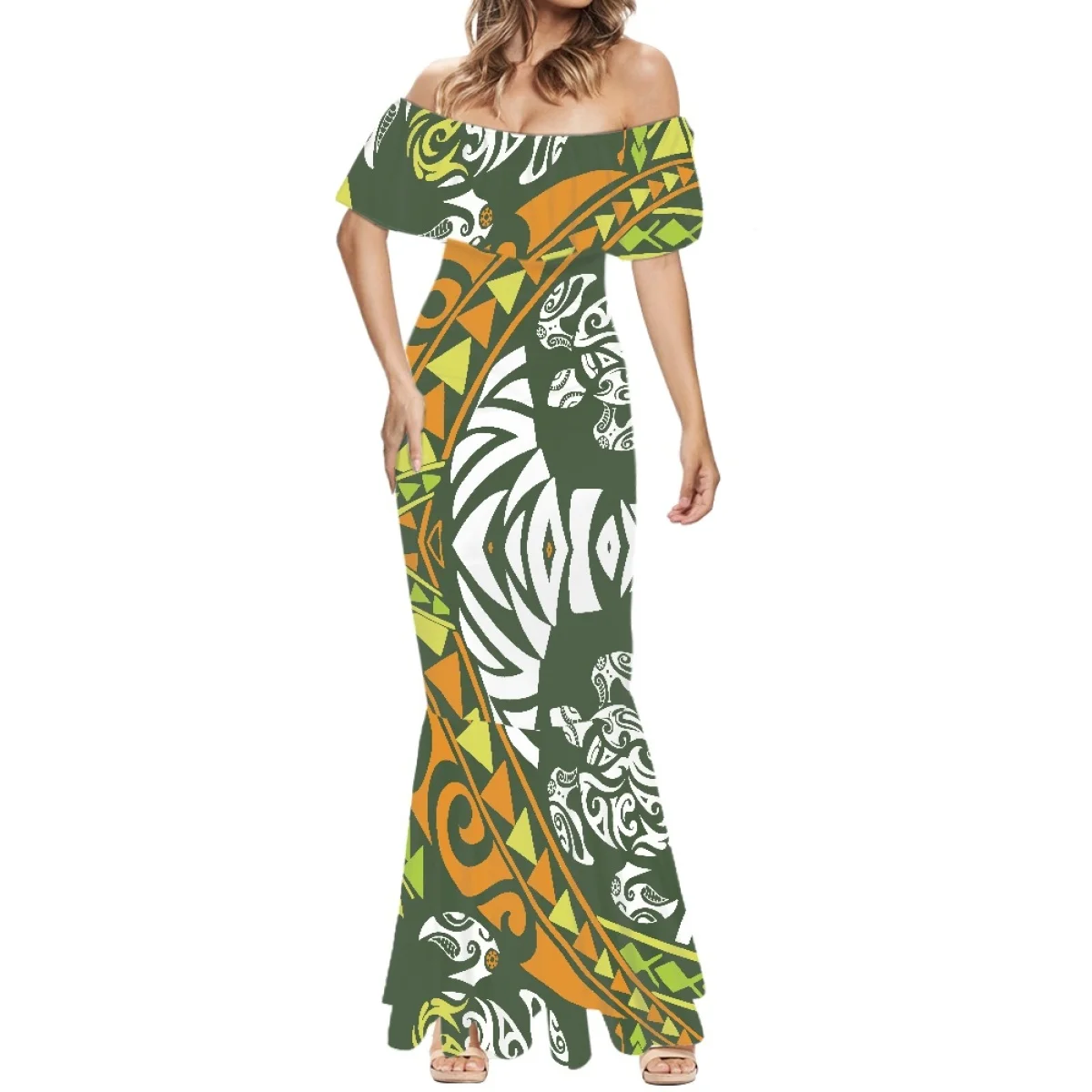 HYCOOL Summer Islands Women Off The Shoulder Polynesian Tribal Clothing Samoa Hawaii Tapa Bodycon Sexy Ruffle Mermaid Tail Dress