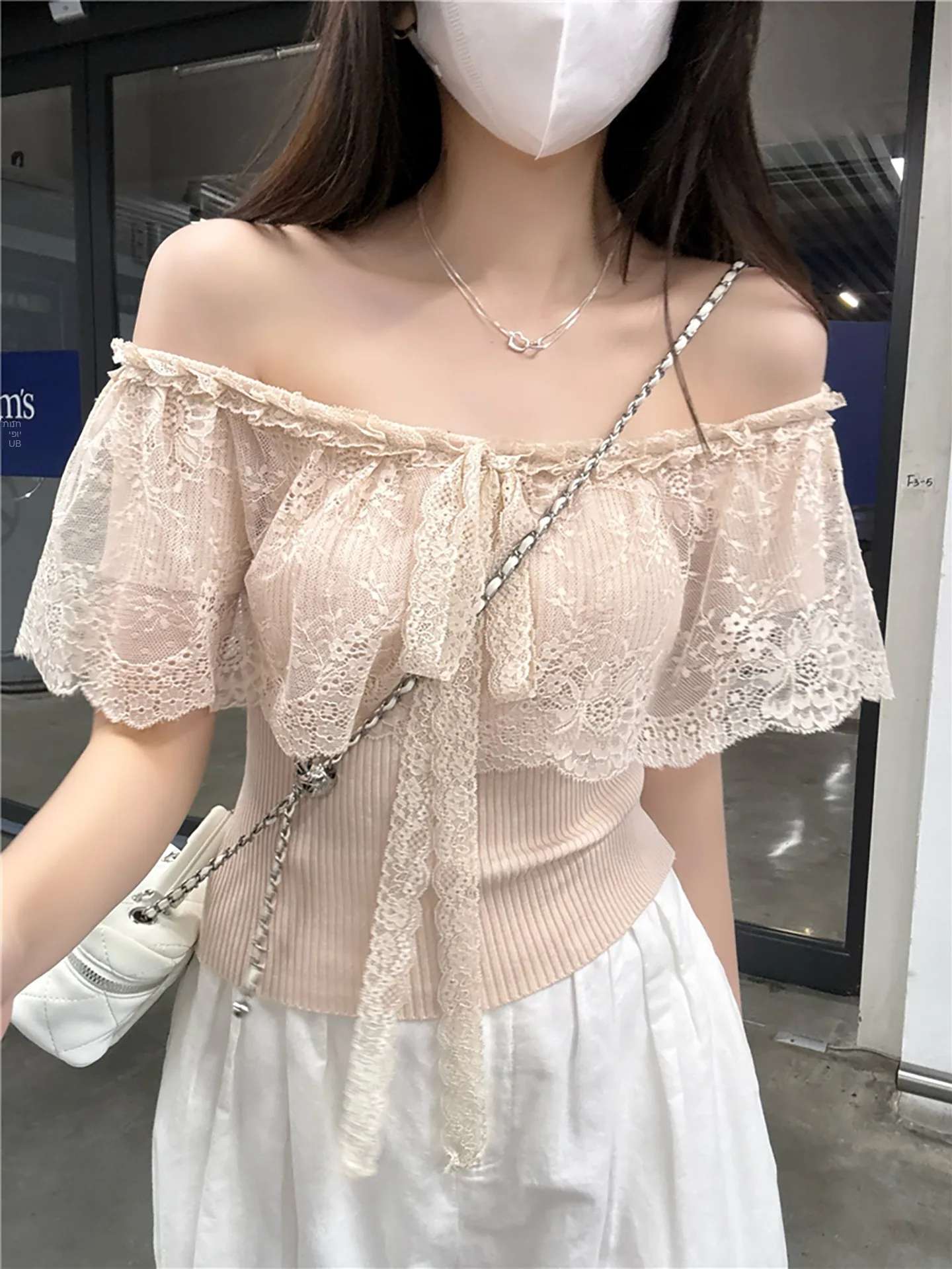 Summer 2026 Women's Ruffle Lace Trim One-Shoulder Vintage Style Top Slimming Heart Design Casual Soft Style Short Sleeve T-shirt