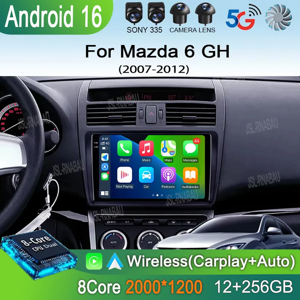 

Автомагнитола Android 16 с беспроводным CarPlay для Mazda 6 GH 2007-2012, мультимедийный видеоплеер, 4G, Wi-Fi, GPS, камера 360°, навигация