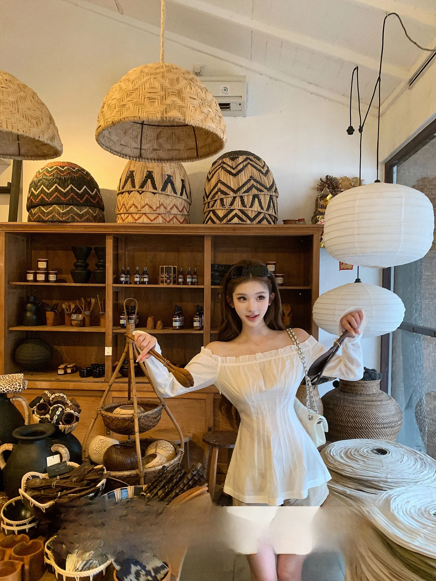 

JMSHOP Initial Encounter Washed Linen White Shirt Women's Spring Summer One-Shoulder Waist-Cinching Top