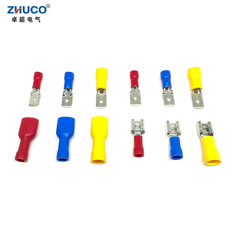 100pcs FDFD1.25-250 6.35mm Red Fully Insulated Electrical Cable Connector Faston Female Brass Crimp Spade Terminal 22-16 AWG