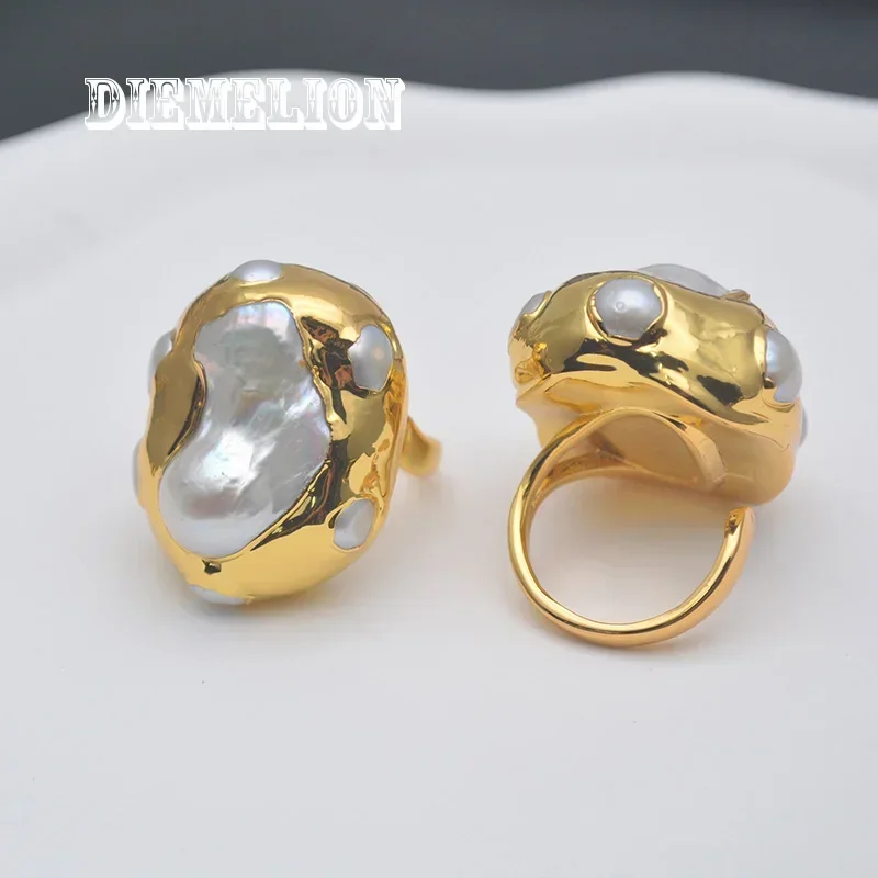 1pc New Fashion Natural Freshwater Baroque Pearl Rings for Women 18K Gold Plated Resizable Big Pearl Ring Female Fine Jewelry