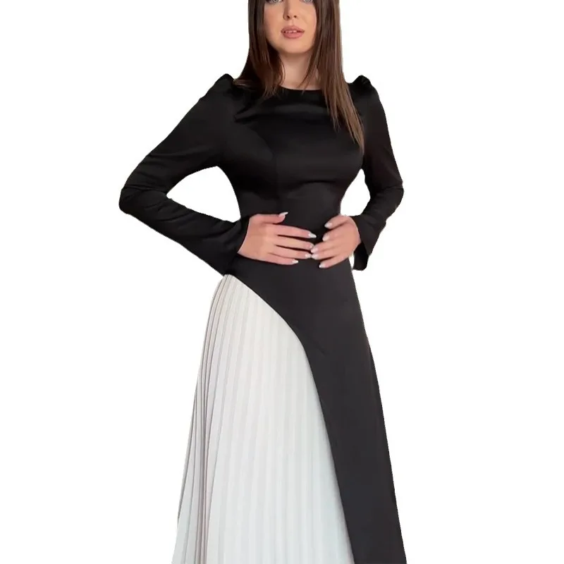 Spring Dress for Women Long Sleeve Slim-fit Lace-up Muslim Dress Women O-neck Patchwork Abayas Turkey Kaftan Arab Abaya Dubai