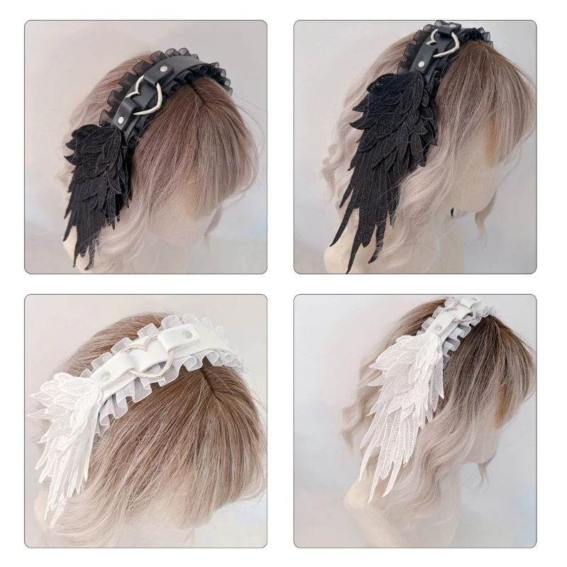 Diadema con cinturón con hebilla de corazón y ala de Ángel gótica de Lolita, diadema de encaje para Cosplay de sirvienta de Anime japonés, aro para el pelo para fiesta y juego de rol para mujer