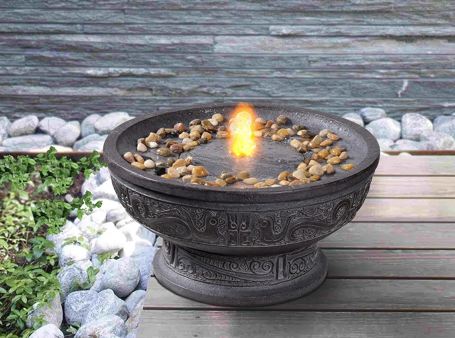 Outdoor Water Fountain Led Light Decorative Pedestal Bowl Design River Stones Home Decoration Modern Garden Fountain Patio Decor