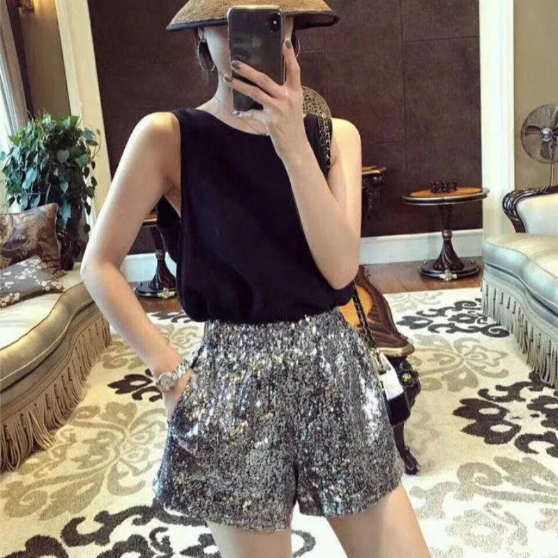 

Female Short Pants High Waist Wide Women's Shorts Sequin Baggy Casual Aesthetic Comfy Elegant Y2k Vintage Korean Style Wholesale