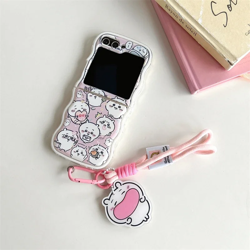 Cute Cartoon Sanrio Japan Anime Chiikawa Phone Case For Samsung Galaxy Z Flip 6 5 Soft TPU Cover For Z Flip 3 4 With Lanyard