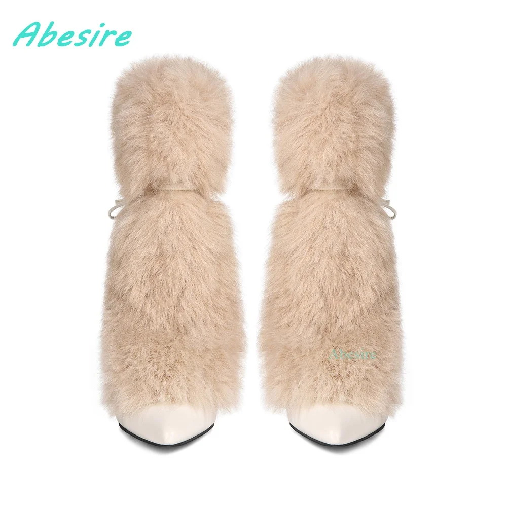 رقيق الفراء الكاحل حزام الأحذية أشار تو الجلود المرقعة Soild رقيقة الكعوب الأحذية النسائية البيج الدانتيل يصل مثير عشاء أحذية الحفلات