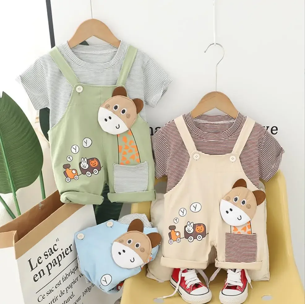 Zomer kinderkleding pak 6 tot 12 maanden kinderen jongens gestreepte ronde hals korte mouwen T-shirts tops en overalls peuter outfits