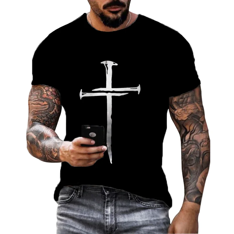 Summer Men\'s T-shirt Christ Jesus Men\'s T-shirt 3D Cross Print Short Sleeve Unisex Harajuku Cross Top Plus Size T-shirt Clothing