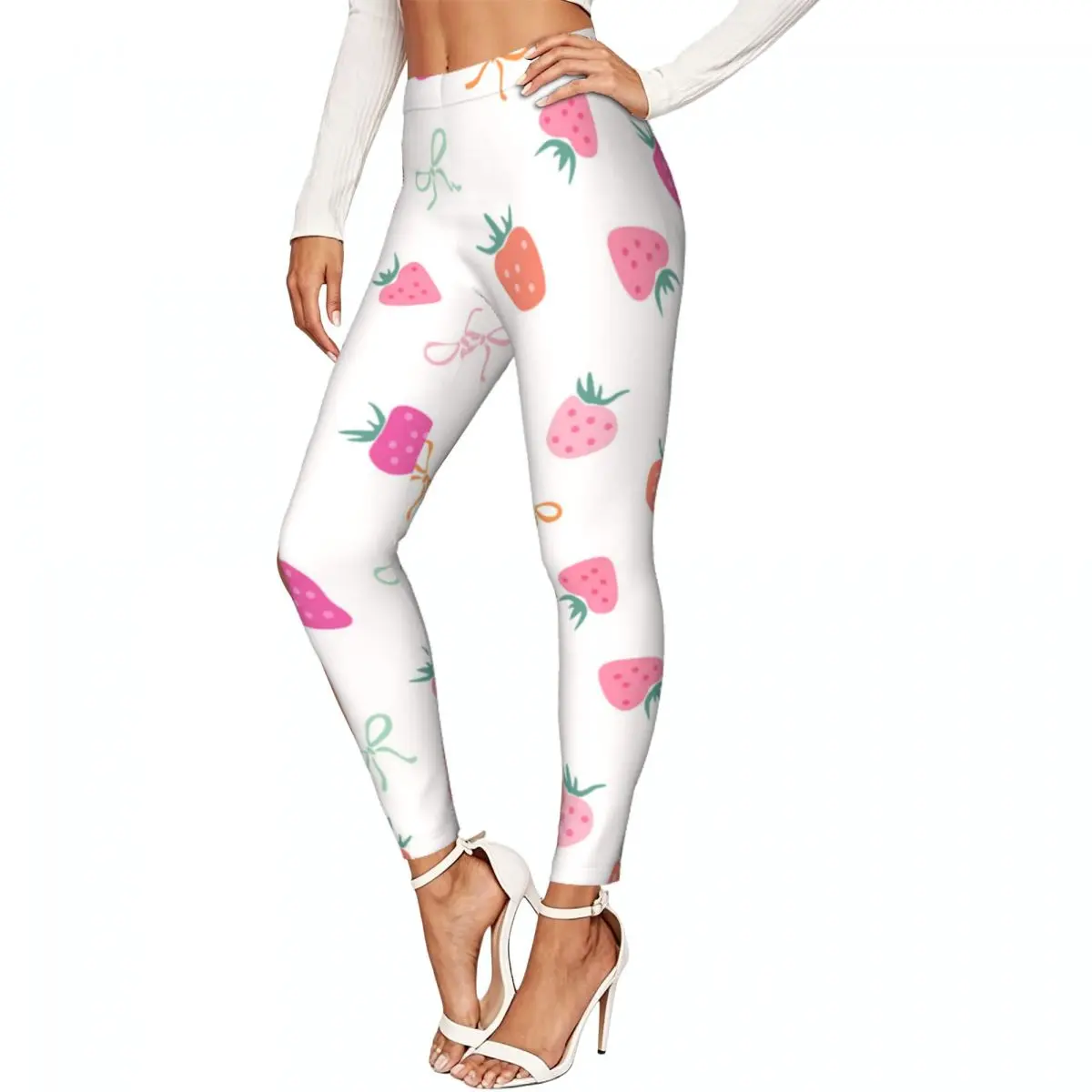 Women High Waist Elastic Leggings Strawberry And Bows Pattern Slim Fit Stretchy Pants Casual Wear
