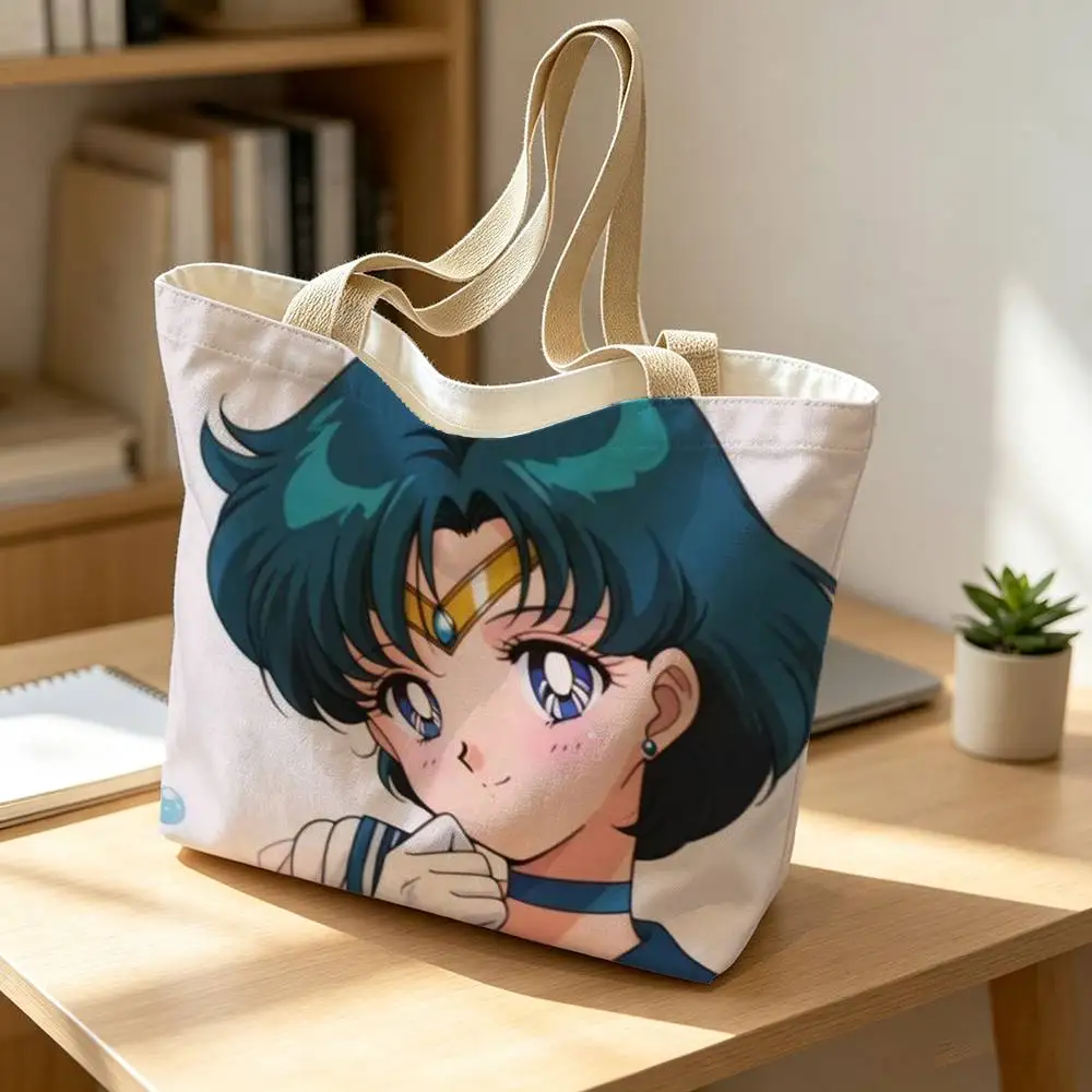 S-Sailor Moon Mizuno Ami Print Canvas Tote Bag Handbag For Daily School Commute Casual Shoulder Bag