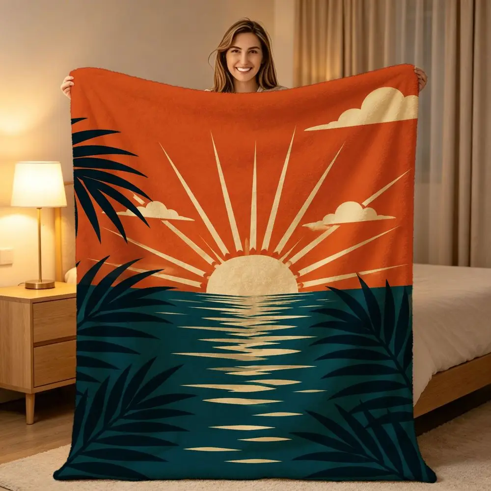 Boho Tropical Sunset Throw Blanket Ocean Beach Coastal Aesthetic Decorative Palm Leaf Cozy Bed Home Decor