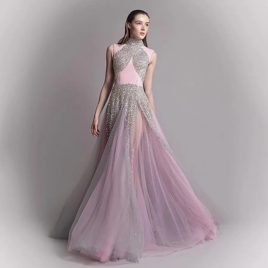 2025 Pink Luxury Evening Dress Sequins Women's High Neck Tulle Maxi Dress Prom Gown Formal Occasion Dresses Custom